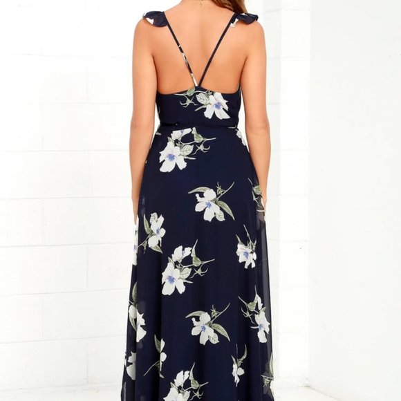 Lulus - Navy and White - Floral High-Low Wrap Dress - Size Large - Picture 4 of 13
